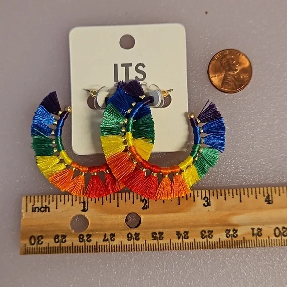 Rainbow fringe tassel hoop pierced earrings boho festival primary colors NIP - Picture 3 of 5